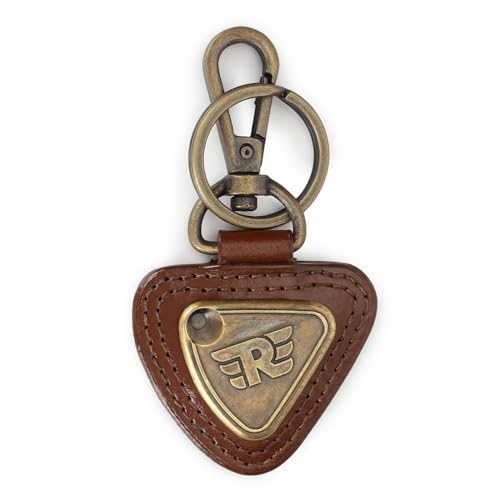 Image of Royal Enfield BATTERY BOX TRIANGLE KEYCHAIN TAN | Material: 100% LEATHER | Type: LEATHER | Gender:UNISEX Categorisation: RE BATTERY BOX