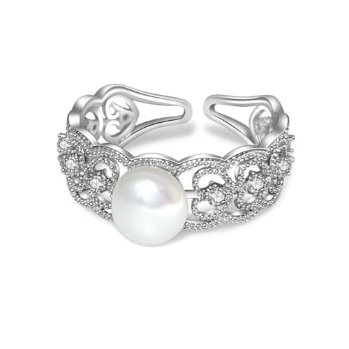 Silver Pearl Ring, Real Freshwater Pearl Rings for Women, Luxury Wedding Ring with Cubic Zirconia, Adjustable June Birthstone Ring Jewlery Gift