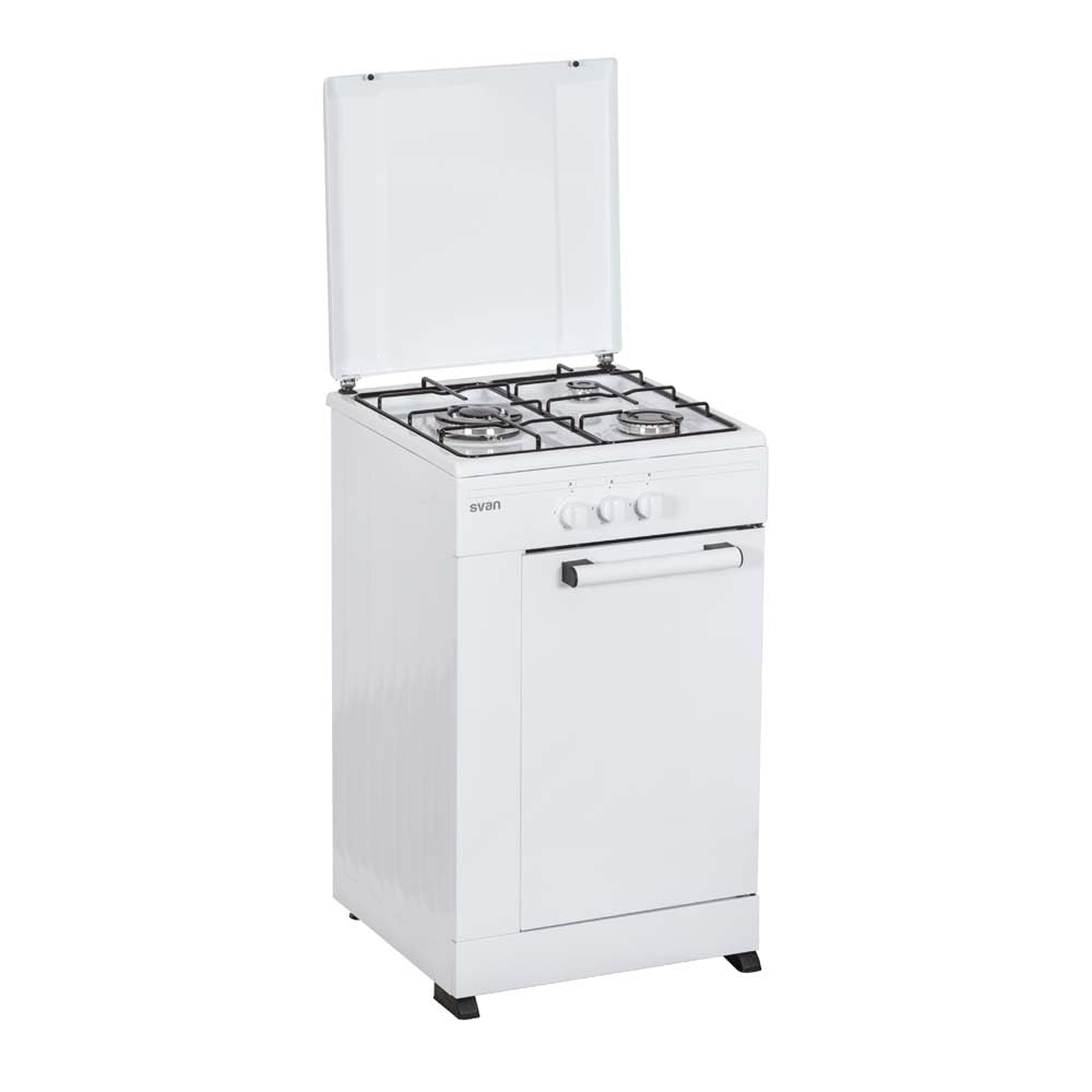 Svan Cocina de Gas Butano Blanco SKG3500PB. 3 Zonas de Cocinado, Quemador WOK triple llama, Compartimento Bombona, Kit Conversión Gas Natural, Acabado en Esmalte Blanco