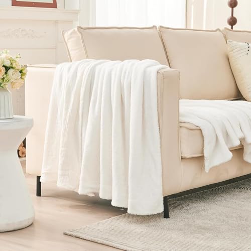 EMME Muslin and Fleece Twin Blanket Reversible - 60"*80" Cream Soft Warm Throw Blankets for Couch Bed Picnic Travel Bed
