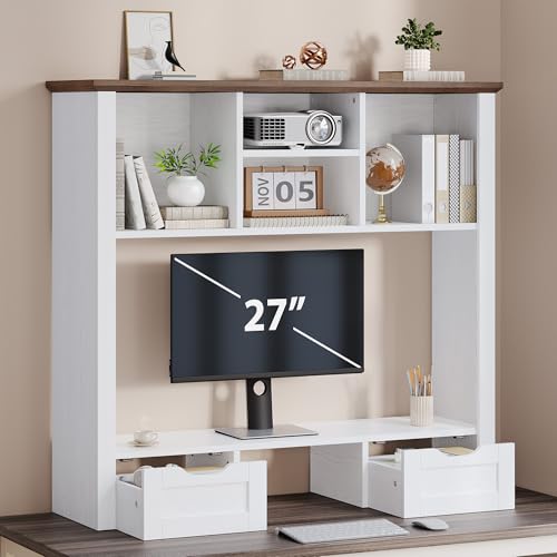 Image of Desk Shelf with Computer Monitor Stand, 37.4''W Desktop Bookshelf Display Rack, Desktop Organizer Storage Rack with Cubbies & Drawers, 5-Tier Hutch for Home, Office, Dorm, Vanity, White&Brown