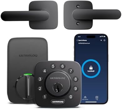 ULTRALOQ U-Bolt Smart Lock with Handle Set، 5-in-1 Keyless Entry Door with App Control، Keypad Deadbolt، Auto Unlock، Auto Lock، Smart Door Lock، Smart Locks for Front Door، Smart Deadbolt، Black