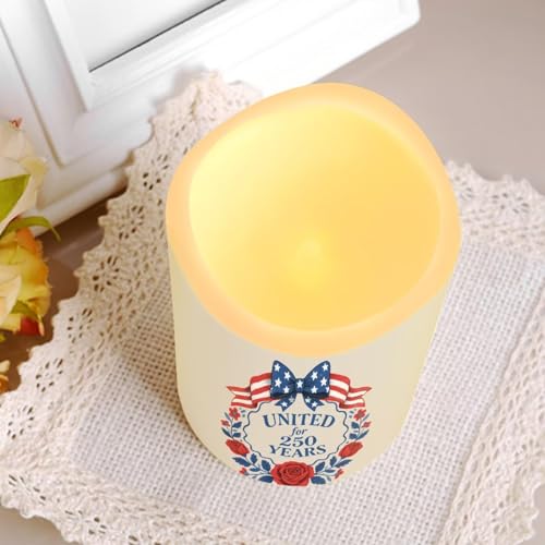 Image of United for 250 Years Fake Candles Flowers Independence Day Battery Led Lights Fourth of July LED Flickering Remote Control Candle Decors for Patio Porch Mantle, 4 Pack