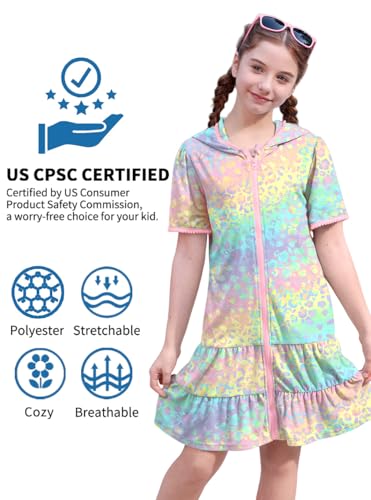 Image of BesserBay Girls Summer Beach Quick Dry Cover Up Ruffle Hem Terry Smocked Hooded 4-14 Years with Pockets