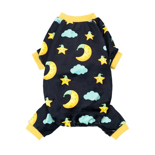 Image of Fitwarm Moon and Stars Dog Fleece Pajamas, Cozy Winter Clothes for Small Dogs Boy Girl, Funny Pet Outfit, Black, Yellow, XS