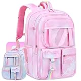 Mochila Infantil Menina Reforçada Impermeável, Bolsa Feminina Grande, Multi Compartimentos, Escolar, Passeio, Viagem (Rosa)