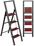 Step Ladder 4 Step Folding, Decorative - Beautiful Mahogany & Black Aluminum, Ultra Slim Profile, Anti Slip Steps, Sturdy-Portable for Home, Office, Kitchen, Photography Use,by SORFEY