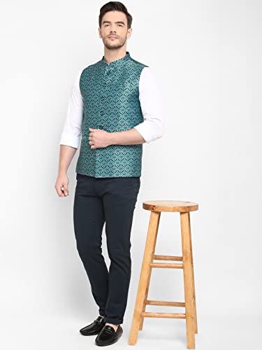 Image of hangup Men's Printed Cotton Nehru Jacket /waist coat, color Green. Size 38 (170A PrintedDup Nehru)