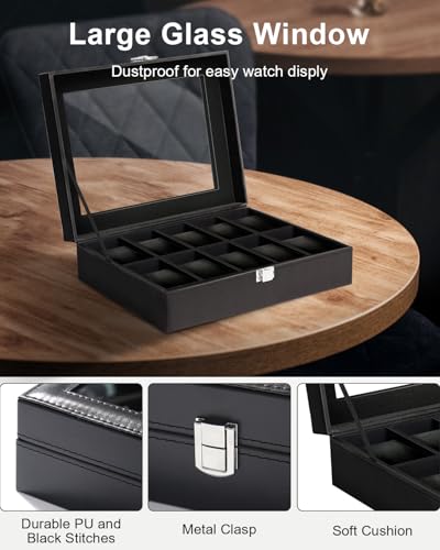 Image of Uten Watch Box 10 Slots, Watch Box for Men, Watch Display Case, Watch Storage Box with Removable Cushion, Metal Clasp, PU Leather, Black
