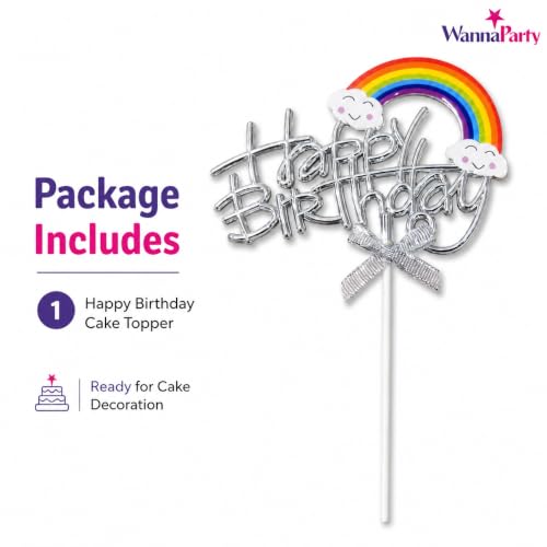 Image of Wanna Party Happy Birthday Rainbow Cake Topper, Silver Script Design with Cloud Rainbow & Bow, Birthday Cake Decoration Pick for Kids, Adults, Party Cakes & Dessert Table - 1PC