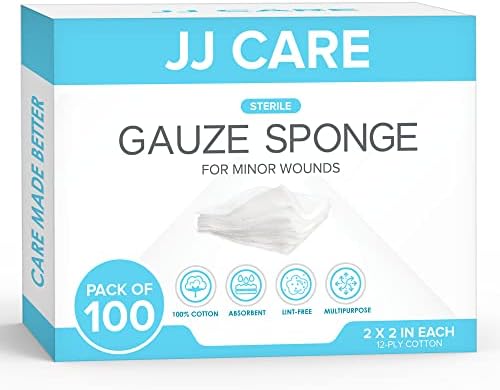 JJ CARE Sterile Gauze Pads [Pack of 100], 2x2 Gauze Pads, Sterile Gauze Sponges, Disposable Gauze Wound Dressing, Individually Packed Gauze Pads for First Aid