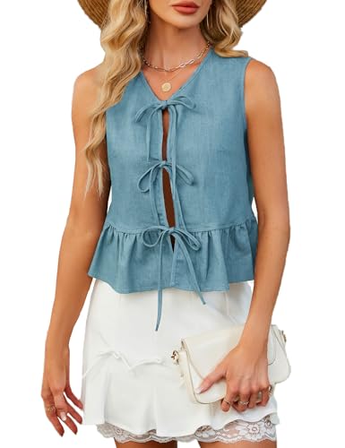 Denim Tops for Women Jean Vest Top Sleeveless V Neck Waistcoats Suit Denim Vest Bow Tie Front Peplum Crop Tank Tops