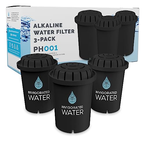 Invigorated Water PH001 Alkaline Water Filter Replacement for Pitchers & Dispensers, BPA-Free, Reduces Chlorine, Copper & Heavy Metals, Raises pH, 96 Gallons/Filter (3-Pack, Black)