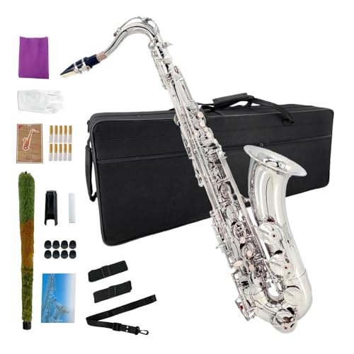 Image of Tenor Saxophone B flat, Silver Lacquer with Carrying Case,Mouthpiece,Reeds,Cleaning Kit,Tenor Sax for Beginners, Students and Musicians