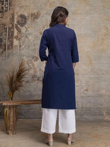 Image of feranoid Women's Plain Cotton Kurta with Mandarin Collar, 3 /4 Sleeves & Pocket