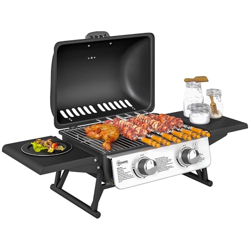 Outsunny Barbecue gaz de table transportable, 2 brûleurs 5,6 kW, barbecue gaz de camping avec grille de cuisson, étagères latérales, couvercle,...