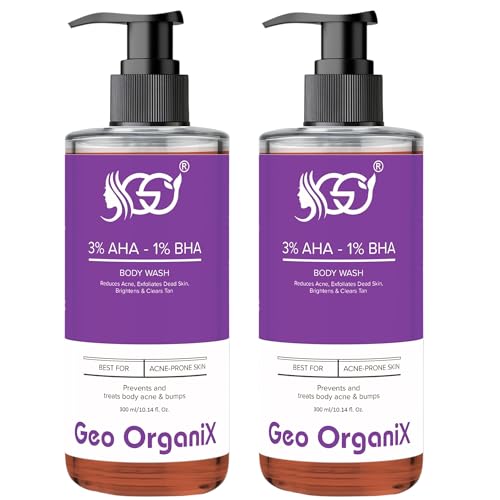 Image of AHA BHA Body Wash with 3% Lactic Acid, 1% Salicylic Acid & 1% Glycolic Acid | Exfoliating Body Cleanser for Dead Skin Removal, Acne & Body Bumps Care | Skin Brightening & Tan Removal | Paraben-Free, Non-Drying Formula | 300 ml, Pack of 2