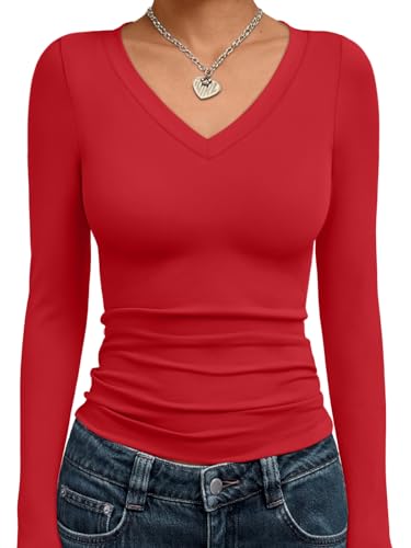 Trendy Queen Long Sleeve Shirts for Women 2025 Early Fall Fashion Crop Tops for Women V Neck Casual Basics Slim Fitted Y2K Cute Dress Tops Outfits Clothes Blouses Red S