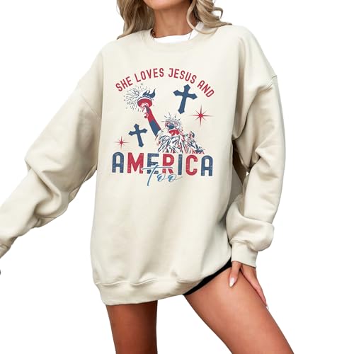 She Loves Jesus and America Too Sweatshirt, Jesus and America Sweatshirt, Statue of Liberty Sweatshirt, Patriotic Christian Sweatshirt, 4th of July Sweatshirt, Independence Day Fashion, USA Sweater - Main Image