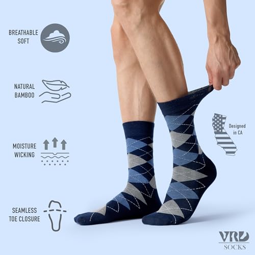 VRD Men’s Dress Socks, Bamboo 5-Pack Assorted Pattern, Solid, Striped, Argyle, Dotted Crew Socks Gift for Men Shoe Size 8-132