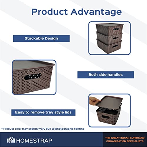 Image of Homestrap Set Of 3 Plastic Storage Organizers /baskets With Lid For Kitchen, Clothes, Multipurpose Vegetables, Toys, Books, Office, Stationery, Wardrobe(Medium| Brown)