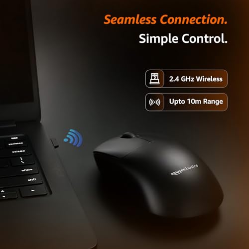 Image of amazon basics Wireless Mouse 2.4GHz with USB Mini Receiver | 1000 DPI Optical Tracking | Silent Clicks | Comfortable Ambidextrous Design | 10m Range | Compatible with PC, Mac, Laptop (Black)
