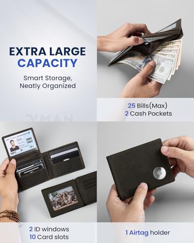 VMAN Airtag Wallet for Men - Full Grain Leather Bifold Wallet, Mens Wallet with Airtag Holder RFID Blocking with 2 ID Windows 2, 12 Card Holders Capacity Gift for Men(American Flag)3