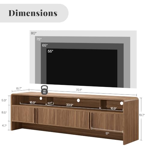 Image of AMERLIFE 70 inch Fluted Wood TV Stand for TVs up to 80 inch, Media Console Entertainment Center with Storage Cabinets for Living Room, Brown