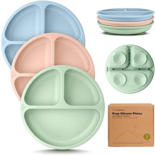 Image of KeaBabies Suction Plates for Baby, Toddler - 3-Pack 100% Silicone Toddler Plates with Suction, Divided, BPA-Free Baby Led Weaning Essentials for Kids, Dishwasher, Microwave Safe, Durable (Mellow)