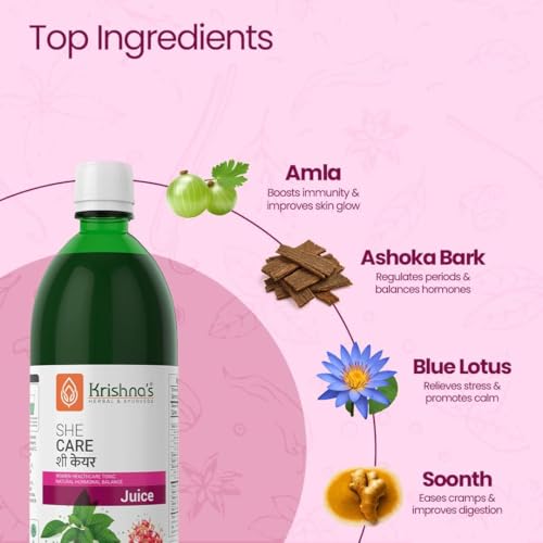 Image of KRISHNA'S HERBAL & AYURVEDA Women's She Care Juice Infused With 5 Herbs for Hormonal Balance, Period Pain Relief, Hair & Skin Health, Clinically Proven - 1000 ml Each (Pack of 4)