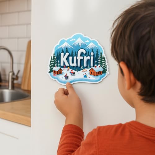 Image of Naxon Kufri Hill Station Theme Souvenir Wooden Fridge Magnet | Snow Mountains & Nature Design 3x3 Inch Refrigerator Magnet for Kitchen & Home Decor | Travel Gift from Kufri | Pack of 1