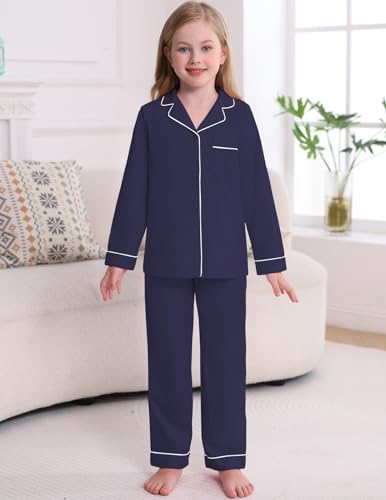 Veseacky Unisex Girls Boys Pajamas Long Sleeve Sleepwear Button-Down 2 Pcs Pjs Set for 5-14 Years2