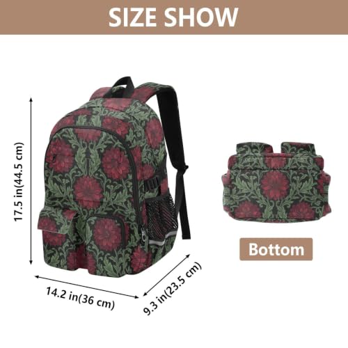 Mochila de viaje para laptop William Morris de dalias rojas y fondo negro escolar 3