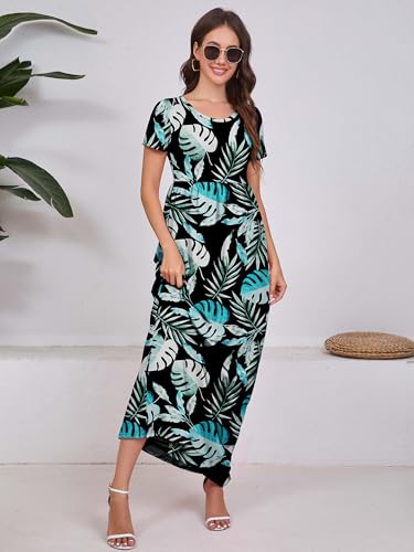 Image of DEARCASE Maxi Dress for Women Short Sleeve Casual Summer Loose Plain Comfy Long Dresses with Pockets