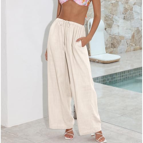 Image of Duyang Womens Cotton Linen Palazzo Pants Drawstring Elastic Waist Casual Wide Leg Trousers with Pockets