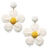 Pendientes Flor Ratán, Pendientes Verano Mujer Ratán, Pendientes Boho de Rafia, Pendientes Colgantes Boho, Joyería de Playa Tropical de Verano, Regalos de Cumpleaños y Navidad para Mujeres (Blanco)