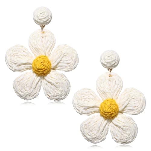 Pendientes Flor Ratán, Pendientes Verano Mujer Ratán, Pendientes Boho de Rafia, Pendientes Colgantes Boho, Joyería de Playa Tropical de Verano, Regalos de Cumpleaños y Navidad para Mujeres (Blanco)