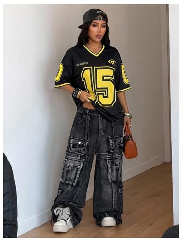 Image of SOLY HUX Jersey Shirts for Women Number Graphic Print V Neck Baggy Tees Hip Hop Streetwear