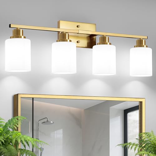 Image of Ascher Bathroom Light Fixtures, 4-Light Vanity Light Over Mirror, Gold Wall Sconces with Milky White Frosted Glass Shades, Wall Lamp for Living Room Bedroom, E26 Base(Bulbs Not Included)
