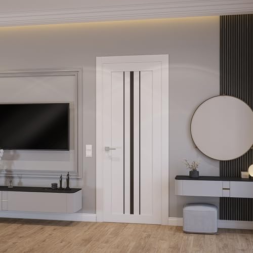 Image of Sartodoors Interior Door 3094 Slab White with Black Opaque Glass Solid MDF Modern Design 36 x 84 in