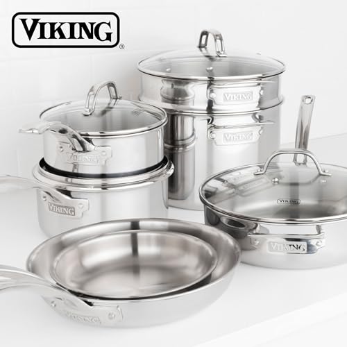 Image of Viking Artisan 3-Ply Stainless Steel 11-Piece Cookware Set with Vented Glass Lids, Fry Pans, Saucepans, Saute Pan, Stock Pot with Strainer Insert, Oven Safe up to 600F