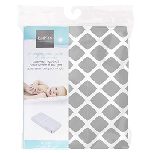 Kushies Changing Pad Cover With Safety Straps, Soft 100% Breathable Cotton Flannel, Made In Canada, Grey Lattice #TOP2