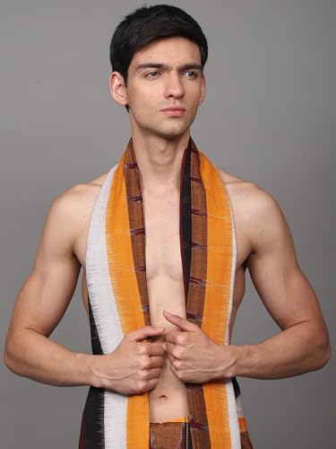 Men's Pure Cotton Dhoti and Angavastram Set with Woven Temple Border | Traditional Dhoti Gamcha Set for Pooja Wedding Biking Red4