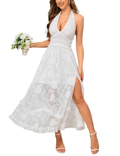 EYWOL Plus Size Wedding Guest Dress Halter Long Dresses for Women White Graduation Dress Flowy Dresses for Women