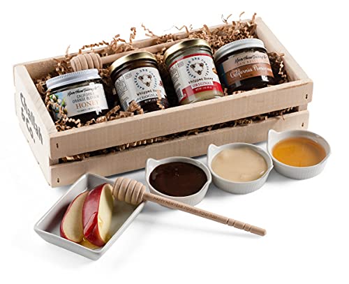 Kosher Honey Sampler Gift Box by Challah and Co. – Variety Pack of Honey for High Holiday Gift – Rosh Hashana, Yom Kippur, Sukkot Honey Gift Set – Set of 4 3-oz Jars