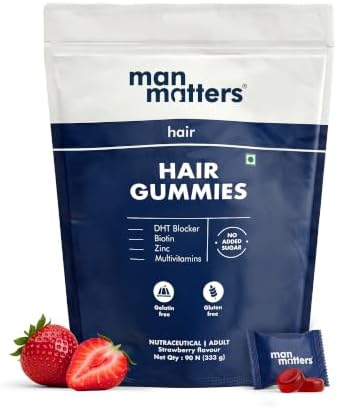 Man Matters Biotin Hair Gummies | 90 Day Pack | Biotin, DHT Blockers, Vitamin A, C, E, Fibre & Zinc | For Stronger and Healthier Hair | Strawberry Flavour | Gut Friendly