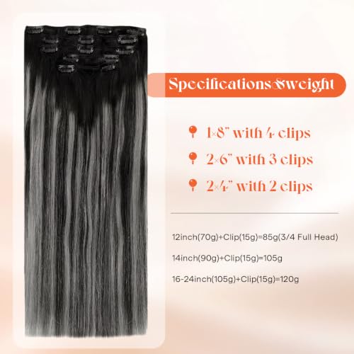Image of Sunny Hair Clip in Hair Extensions Real Human Hair Black Ombre Balayage | 12 Inch Clip in Hair Extensions Natural Black to Silver Grey with Natural Blend and Secure Fit for Daily Wear 85g