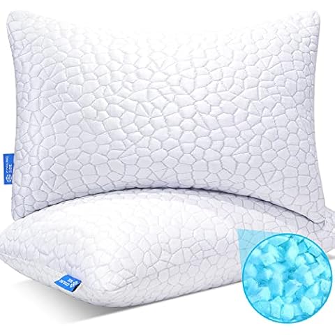 2-Pack Cooling Bed Pillows for Sleeping - Adjustable Gel Shredded Memory Foam Pillow - Hypoallergenic Bamboo Pillows for Side Back Sleepers + Washable Removable Cover Queen Size Cover