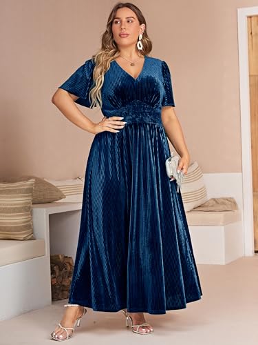 Image of Simplee Women's V Neck Velvet Maxi Dress Short Sleeve Empire Waist Long Formal Dress for Wedding Guest