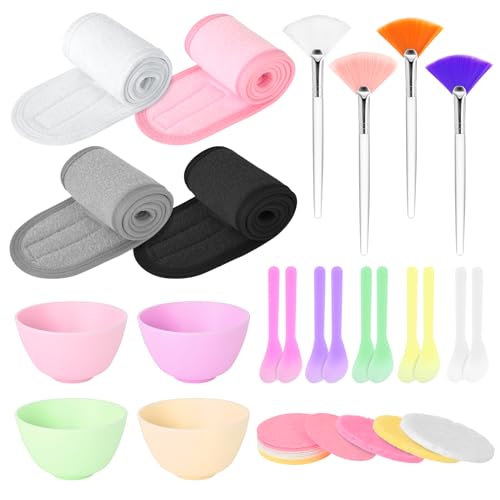 Esthetician Facial Supplies Set: 4 Silicone Bowls, 4 Headbands, 15 Compressed Sponges, 10 Spatulas,...